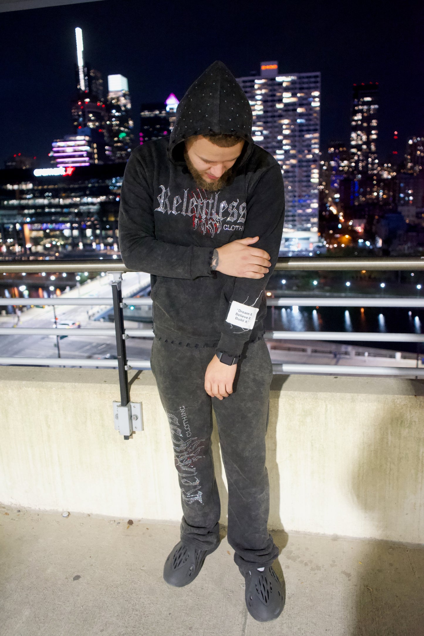 Black Distress Rhinestone Tracksuit (Full Set)