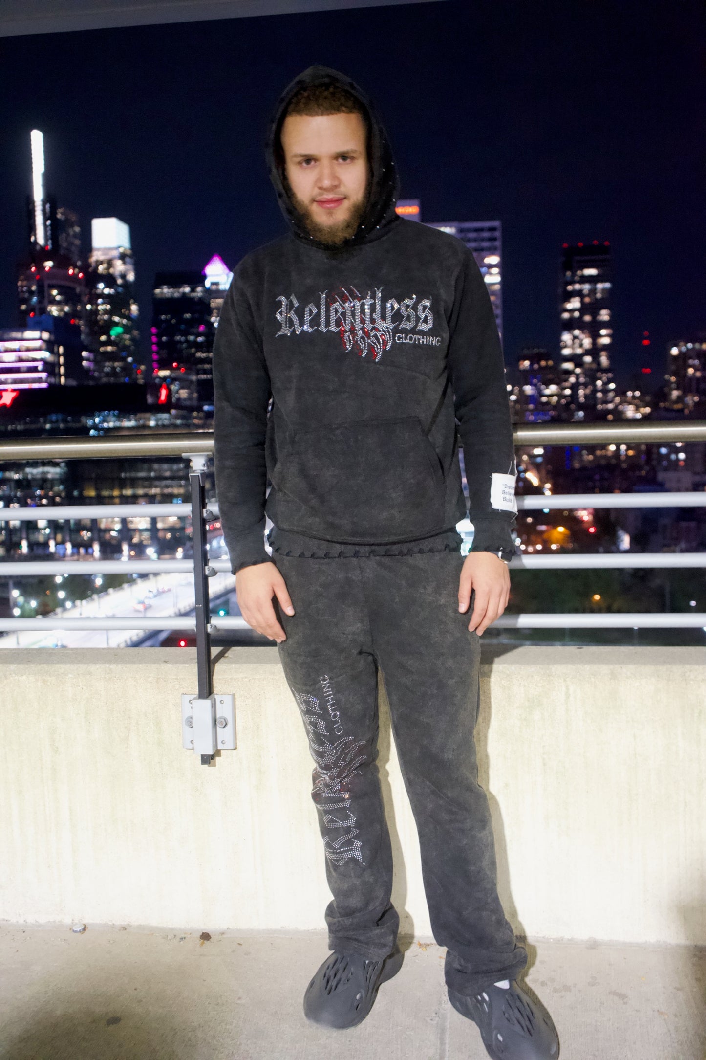 Black Distress Rhinestone Tracksuit (Full Set)