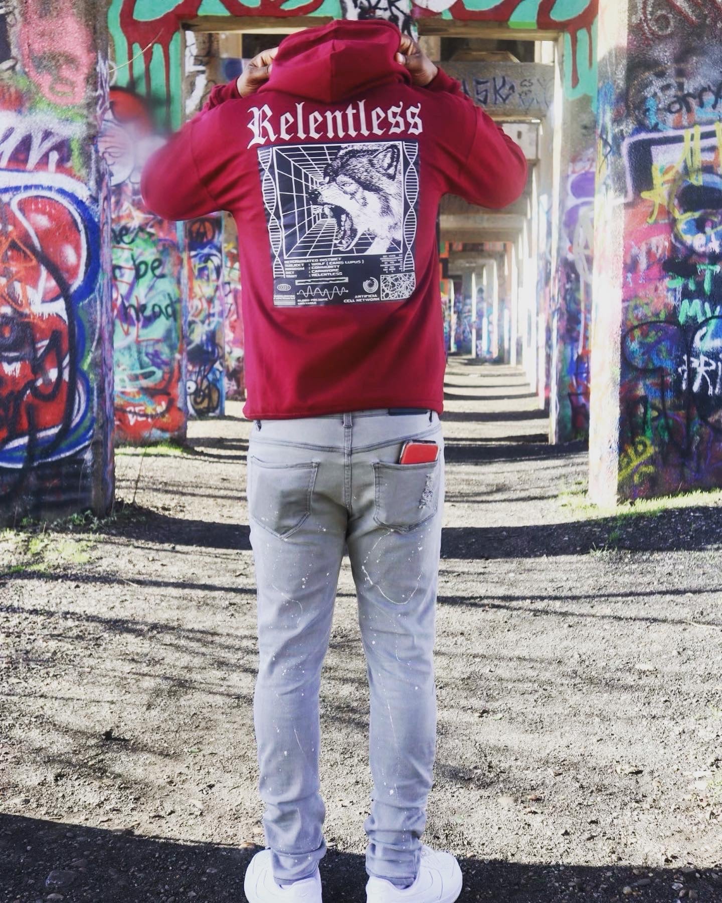 Relentless Burgandy Reflective Wolf Hoodie